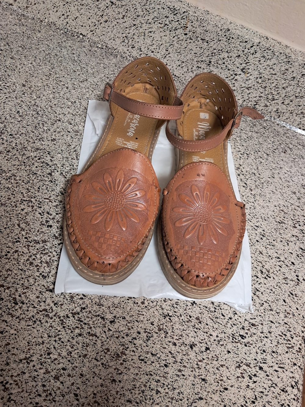 Women's Brown Floral Leather Sandals with Ankle Strap